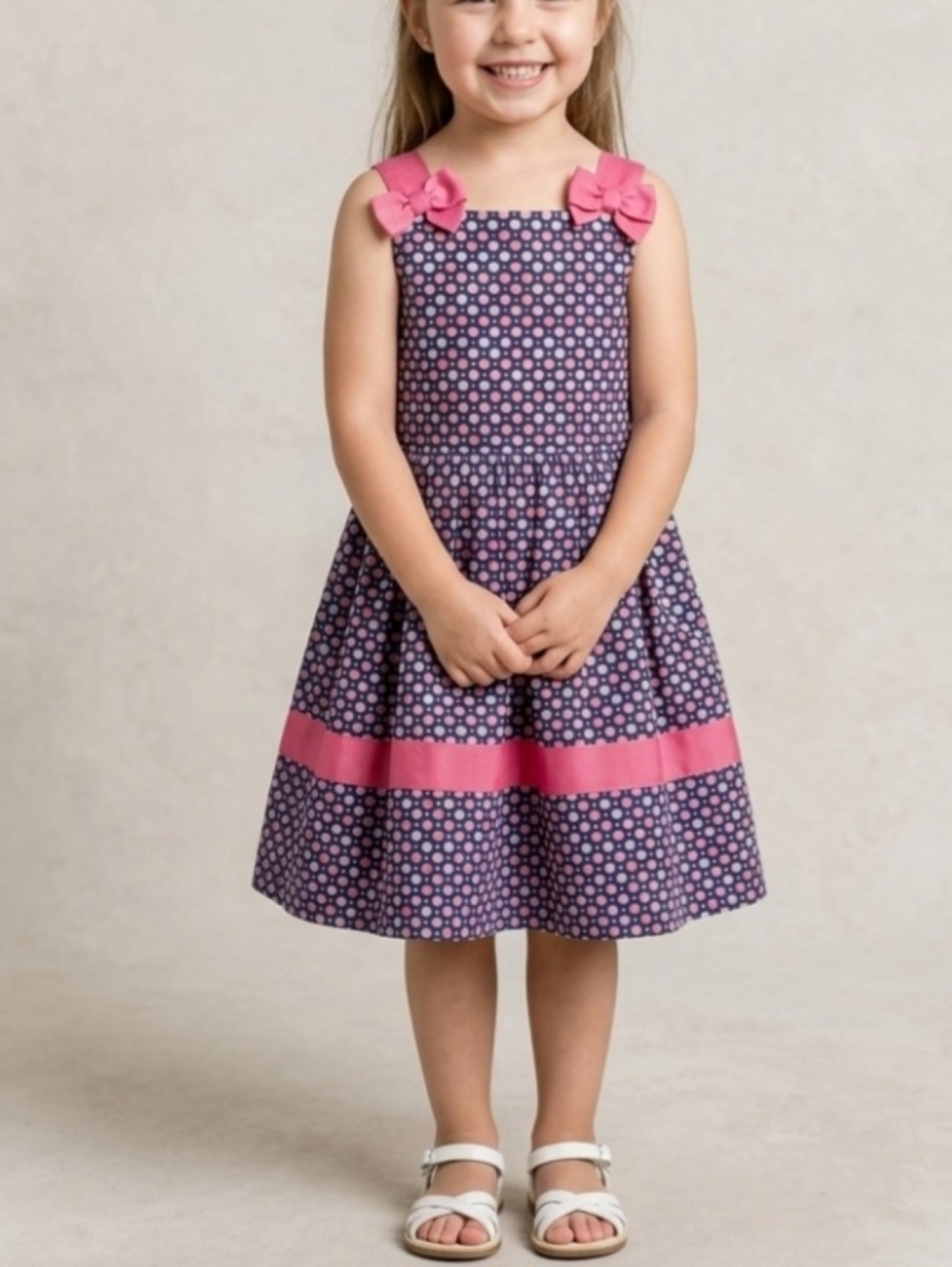 Gymboree Girls Size 6 Pink & Blue Polka Dot Cotton Dress with Bows